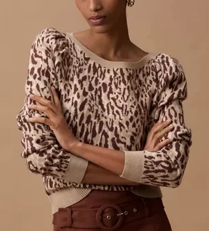 Anthropologie Maeve Knit Leopard Print Sweater XL Puff Sleeve Soft Chic‎ Neutral thumbnail 1