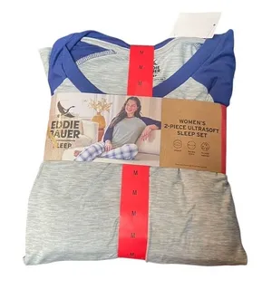 Eddie Bauer Womens Ultrasoft 2-Piece Sleep Set Pajamas Grey Blue Plaid M NEW thumbnail 1