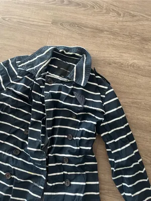 Banana Republic Double Breasted Cotton Trench Coat Womens MP Navy White Striped thumbnail 6