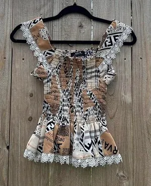 Y2k newspaper‎ print stretchy top size small Spring summer date romantic thumbnail 1