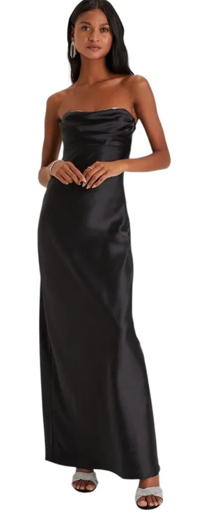 Lulus Exquisite Shine Black Satin Rhinestone Strapless Maxi Dress size Large NWT thumbnail 1