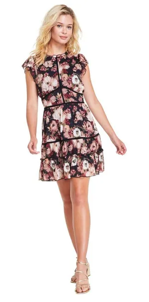 NWT Trixxi Juniors Printed Tiered Short Ruffle Sleeve Dress Multi Floral Black S thumbnail 1