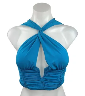 Zara Blue Halter Cut Out Front Ruched Twist Cross Sleeveless Crop Top Size XS thumbnail 1
