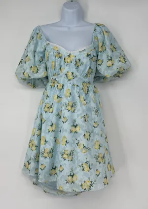 Altar'd State Blue Yellow Floral Puff Sleeve Tie Back Mini Dress Medium Coquette thumbnail 1