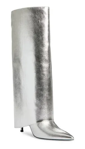 Open Edit Tall Boot in Silver Metallic Size 5.5 Stiletto Heel Pointed‎ Toe thumbnail 1