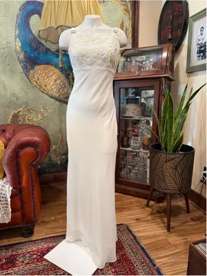 VTG Kiki USA White Embroidered Lace Corset Maxi Dress Rhinestone Strap Small 90s thumbnail 3