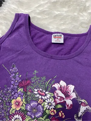 Purple Floral Hummingbird Graphic Sleeveless Tank Boho Grannycore Garden Cottage thumbnail 2