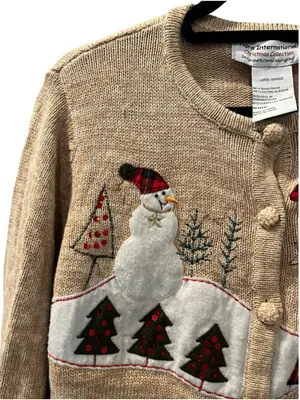 VTG Tiara International Christmas Sweater Cardigan L Tan Knit Snowman Tree Ugly thumbnail 6
