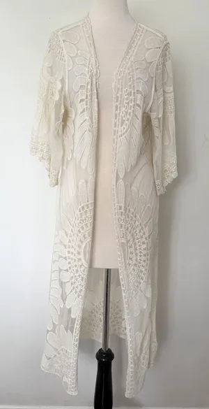 Rebellion Again Ivory Lace Bohemian Floral Mandala Embroidery Kimono Duster S thumbnail 1