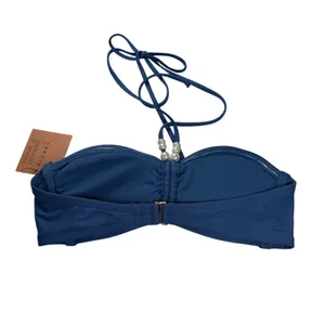 Shade & Shore Bandeau Bikini Top Women's Small Blue Ruched Front Faux Pearl NWT thumbnail 2