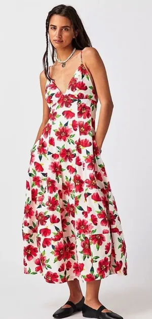 Free People White Floral Slip Midi Dress with Red & Green Print thumbnail 1