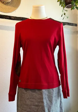 Ralph Lauren Red 100% Cotton Long Sleeve Leather Elbow Patch Top Size Medium thumbnail 1