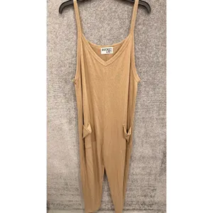 Bucket List Women Jumpsuit Large Tan Relaxed V-Neck Pocket Knit R5211 thumbnail 3