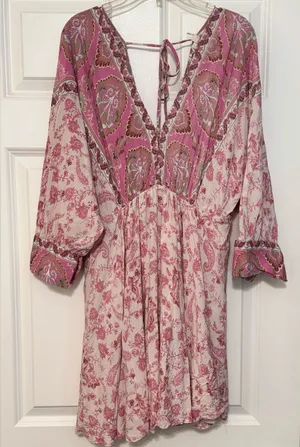 Entro Dolman Sleeve Pink Floral Paisley Boho Tie Tassel V-neck Mini Dress Large thumbnail 1