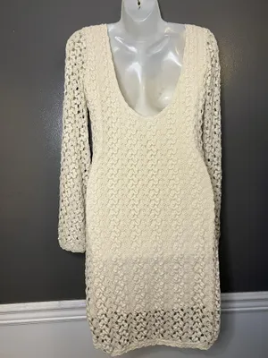 Free People Sweater Dress Womens Medium White Crochet Bell Sleeve Boho Mini thumbnail 6