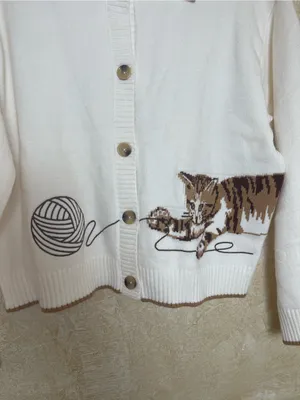 Anthropologie Calligraphie Novelty Knit Cat Sweater Cardigan Grandma Cream L thumbnail 3