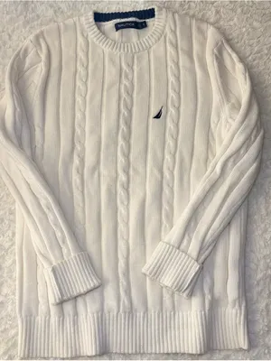 Nautica Cream Cable-Knit Crewneck Sweater with Navy Logo thumbnail 1