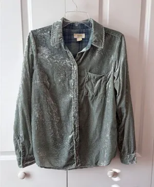 Maeve Green Button Down Velvet Shirt Size 4 thumbnail 1