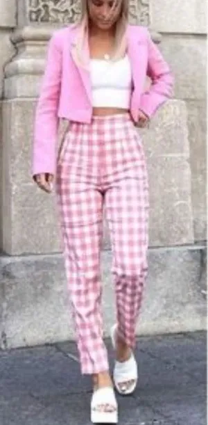 Zara‎ Pink White Gingham Picnic Ankle Pants Retro Size Small Easter Spring thumbnail 1