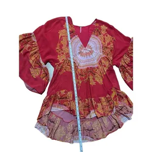 Free People Sunset Dreams printed flare sleeve blouse sz Small red‎ thumbnail 11