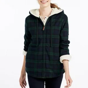 LL Bean Scotch Plaid Flannel Shirt Sherpa Lined Zip Hoodie Jacket Blue Green S thumbnail 2