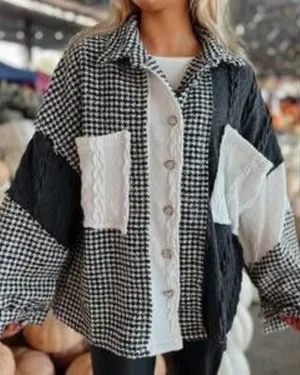 POL Houndstooth Sweater Shacket Black & Cream Oversized Patchwork Shirt Jacket S thumbnail 1