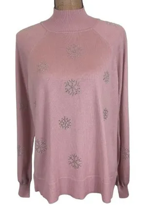 Marled Reunited Clothing Pink Rhinestone Snowflake Mock Neck Sweater Winter XL thumbnail 1