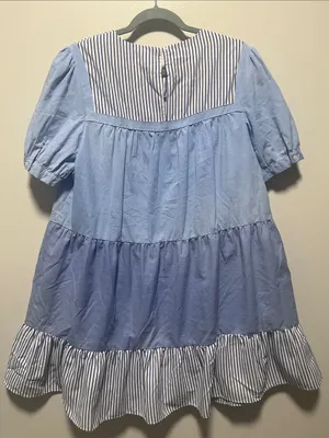 TUCKERNUCK Pomander Place Quinn Blue Striped Tiered Mini Dress, Size L thumbnail 7