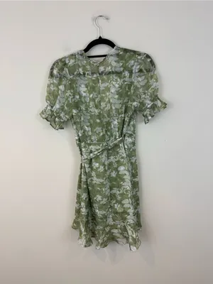 Here Comes the Sun Green Floral Wrap Dress Puff Sleeve Size Small thumbnail 6