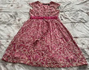 Floral Pink Beige Barbiecore High Waist Cotton Dress, size M thumbnail 1