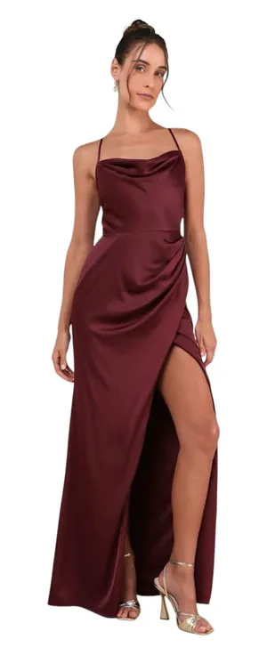 Lulus Moments of Beauty Plum Purple Satin Cowl Neck Tulip Maxi Dress size S NWT thumbnail 1