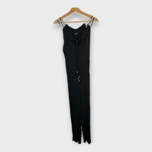 Zara Womens size Medium Crinkle Crepe Jumpsuit Beads Boho Beachy Feminine Black thumbnail 3