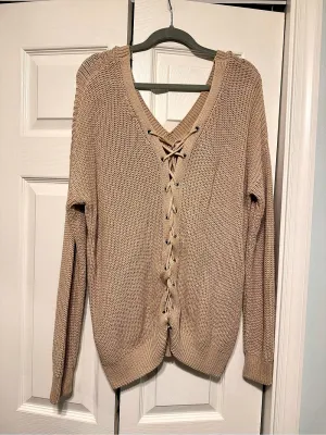 Forever 21 Lace-Up V-Neck Acrylic Sweater in Brown Size Medium thumbnail 3