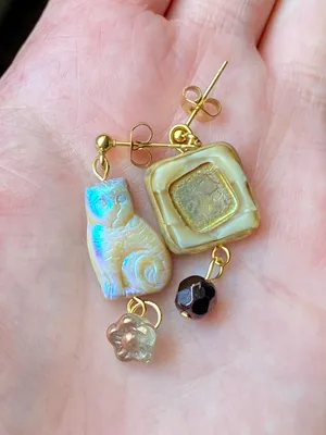 Handmade unique retro vintage fairy boho style dangle earrings w/ quality Czech glass beads mix 🌀🍃💛 thumbnail 7