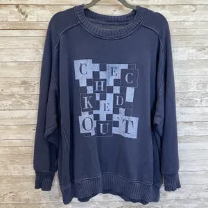 Aerie Womens M Sweatshirt Navy Checked‎ Out Graphic Pullover Crew Neck Oversized thumbnail 2