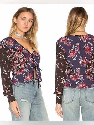 Free People The Way The World Turns Floral Boho Long Sleeve Blouse Top Medium thumbnail 2