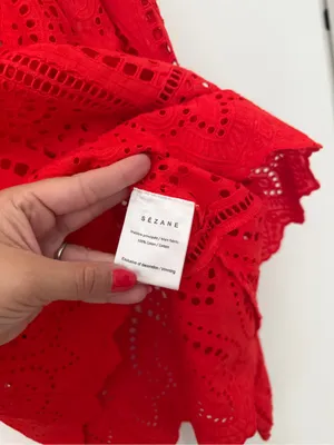 Sezane Ambra red eyelet long sleeve tassel v neck top thumbnail 4