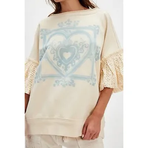 NWT!!‎ FREE PEOPLE Doily Sweatshirt Heart Ivory Blue Eyelet Lace Bohemian Small thumbnail 4