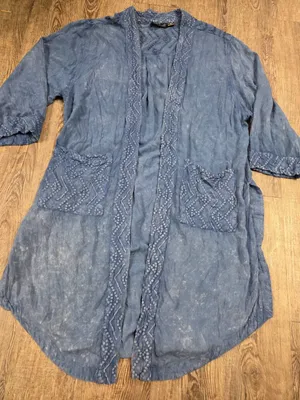 Lola P Mineral Wash Blue Rayon Cardigan Duster Made in India Size Large thumbnail 1