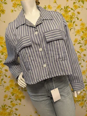 Lily Star Blue and White Striped Button-Front Crop Shirt size L thumbnail 1