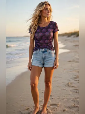 Free People NWT Purple Mesh Floral Ruched Women’s Tee Top Size M thumbnail 2