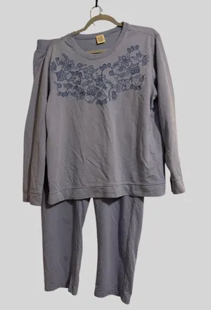 Blair Light Gray Pajama Set with Navy Floral Embroidery thumbnail 1