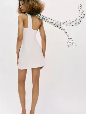 ZARA White One-Shoulder Mini Dress with Polka Dot Scarf thumbnail 3