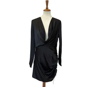 Revolve Black Ruched Mini Dress LARGE Cocktail Cowl Satin More to Come $88 NEW thumbnail 4
