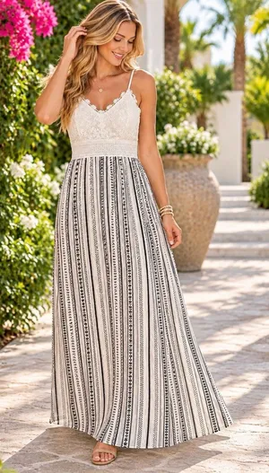 No Boundaries Juniors L White/Black Striped V-Neck Lace Smocked Maxi Dress thumbnail 1