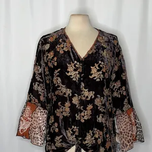 JOHN MARK Floral Velvet Burnout Animal Bell Sleeve Blouse Top Tie Waist Large thumbnail 3