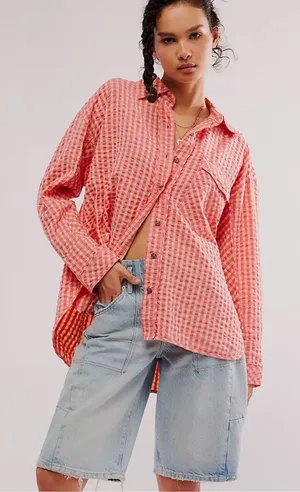 Free People FP We The Free Womens Boho High‎ Tide Button Down Gingham Shirt XS thumbnail 1