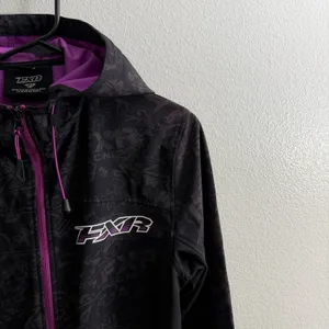 FXR Jacket Womens Size 6 Black Purple Logo Print Racing Hooded Softshell Zip Up thumbnail 2