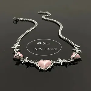 Creative Pink Heart Barbed Wire Silver Plated Choker‎ Length Necklace Soft Goth thumbnail 8