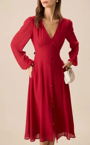 Rihoas Women's Red V-Neck Puff Sleeve Slit Midi Dress thumbnail 1